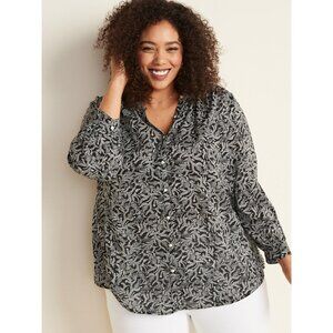 Old Navy Womens XL Black White Floral Button Up Blouse Long Sleeve Shirt Top